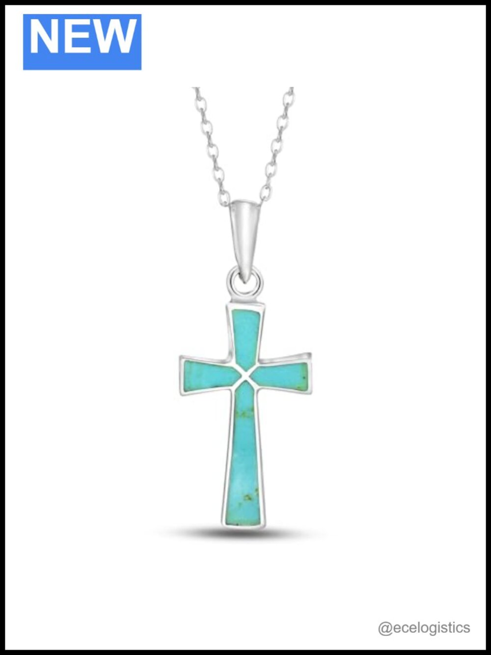 Sterling Silver Christian Cross Pendant Necklace Green Turquoise 18 Inch